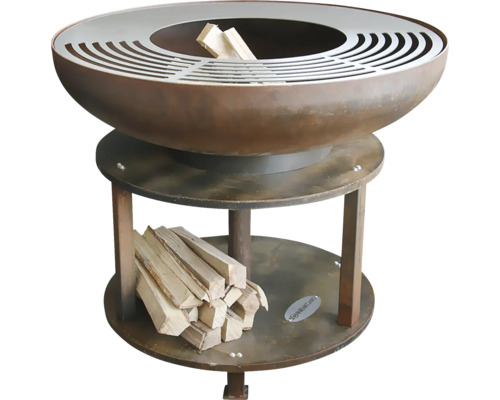 Feuerstelle mit Holzablage für den Garten