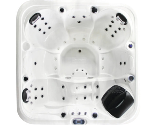 Aussenwhirlpool Sonnenkönig Aire weiss inkl. Anlieferung und Inbetriebnahme Ansicht von oben eines Whirlpools mit mehreren Sitzen und Düsen