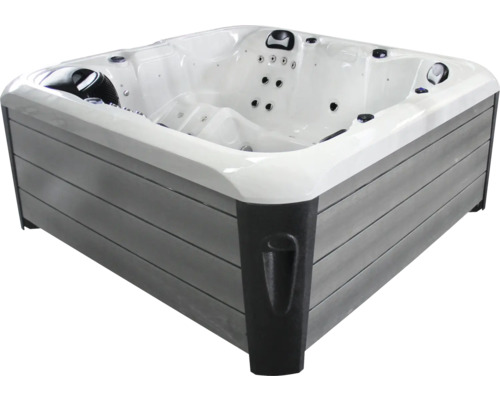 Quadratischer Whirlpool mit grauer Holzverkleidung und weißen Akzenten