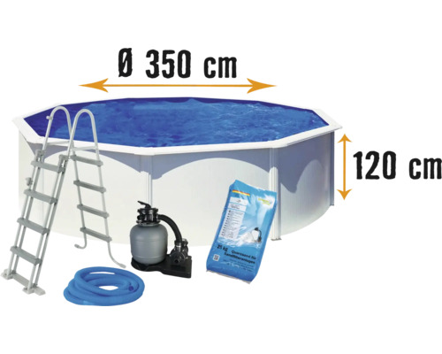 Set de piscine mural en acier Planet Pool Vision-Pool Classic rond Ø 350x120 cm incl. installation de filtre à sable, échelle, skimmer encastré, sable de filtration & tuyau de raccordement blanc