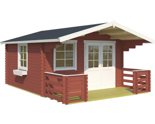 Abri de jardin en bois avec terrasse, fenêtres et double porte