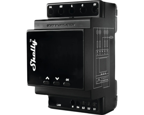 Shelly Pro 4 PM relais sur rail DIN 4 canaux professionnels avec WiFi- LAN- et Bluetooth Logo Shelly - Appareil domotique intelligent avec écran et connecteurs