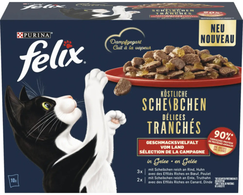 Katzenfutter nass Felix Scheibenfleisch 10x80 g Felix Köstliche Scheibchen Katzennahrung mit Rind, Huhn, Ente und Truthahn im Gelee