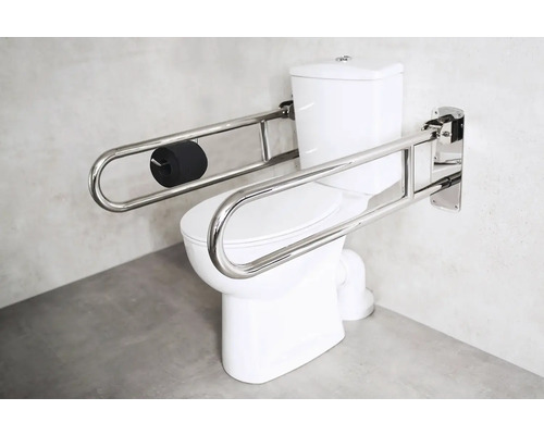 Toilettes avec barre d''appui relevable et porte-papier toilette