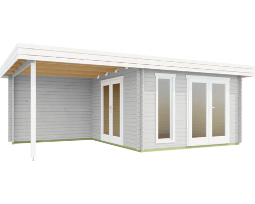 Abri de jardin en bois avec auvent, fenêtres et double porte