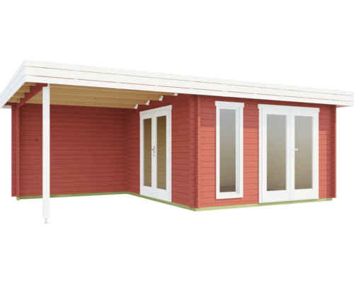 Abri de jardin rouge avec fenêtres et portes