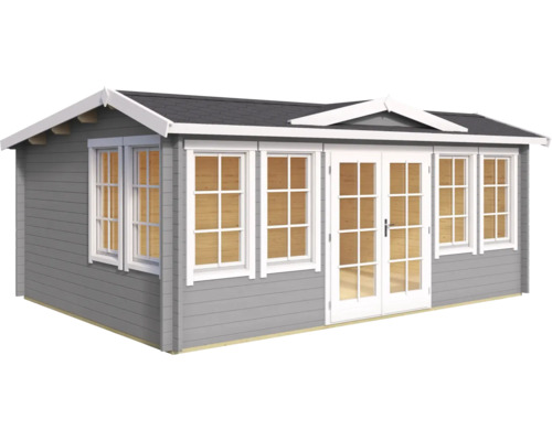 Abri de jardin gris avec fenêtres et double porte