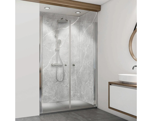 Cabine de douche avec aspect marbre gris et douche dans une salle de bains moderne.