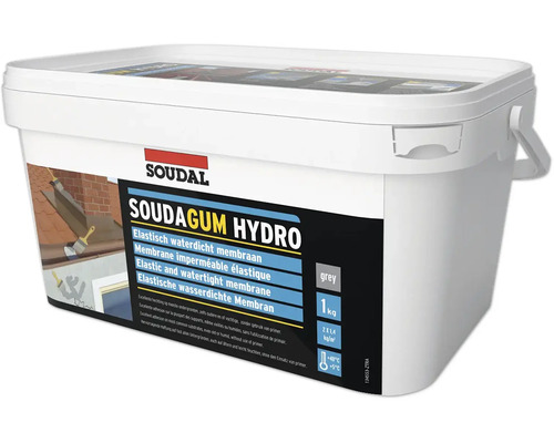 Soudal 1K Soudagum Hydro Kit streichbare Abdichtung grau (inkl. Pinsel, Verstärkungsvlies & Einweghandschuhe) 1 kg Eimer Soudal Soudagum Hydro, elastische wasserdichte Membran