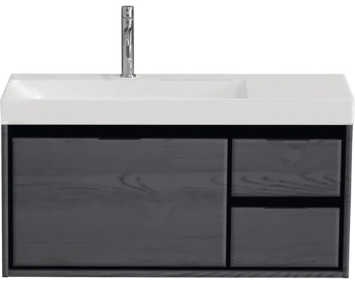 Ensemble de meubles de salle de bains Sanox Loft lxhxp 101 x 52,5 x 46 cm couleur de façade black oak 2 pièces avec lavabo céramique bac à gauche