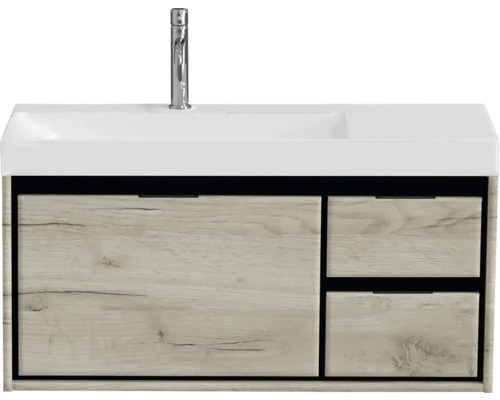 Ensemble de meubles de salle de bains Sanox Loft lxhxp 101 x 52,5 x 46 cm couleur de façade craft oak 2 pièces avec lavabo céramique bac à gauche
