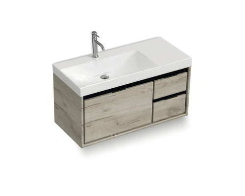 Meuble sous-lavabo avec deux tiroirs, robinetterie et lavabo rectangulaire