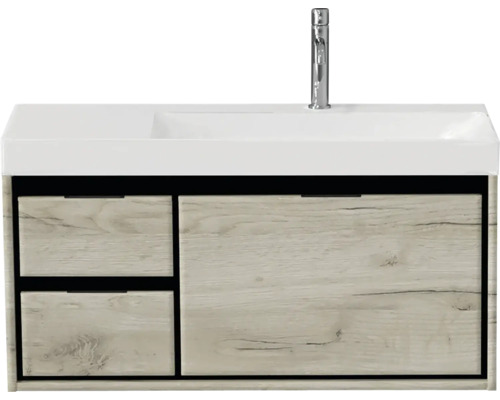 Ensemble de meubles de salle de bains Sanox Loft lxhxp 101 x 52,5 x 46 cm couleur de façade black oak 2 pièces avec lavabo céramique bac à droite
