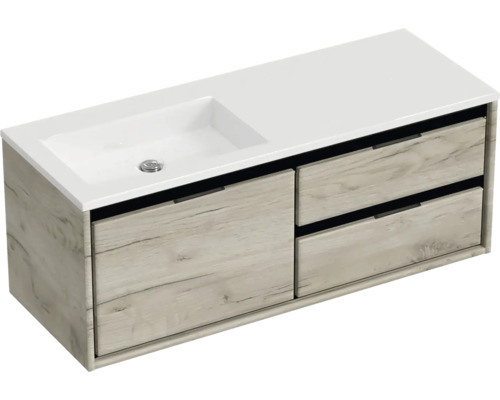 Ensemble de meubles de salle de bains Sanox Loft lxhxp 120,5 (60/60) x 47 x 45,5 cm couleur de façade craft oak 2 pièces avec lavabo en fonte minérale bac à droite sans perçage de robinetterie