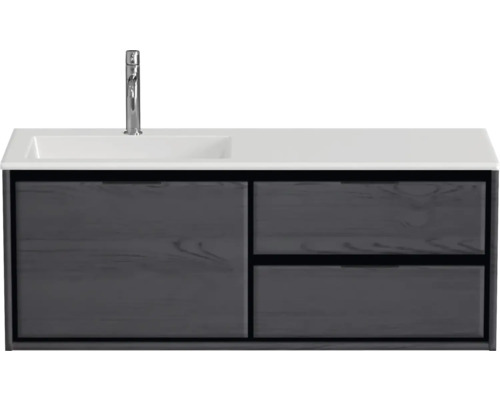 Ensemble de meubles de salle de bains Sanox Loft lxhxp 120,5 (60/60) x 47 x 45,5 cm couleur de façade black oak 2 pièces avec lavabo en fonte minérale bac à gauche blanc mat