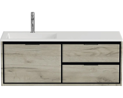 Ensemble de meubles de salle de bains Sanox Loft lxhxp 120,5 (60/60) x 47 x 45,5 cm couleur de façade craft oak 2 pièces avec lavabo en fonte minérale bac à gauche blanc mat