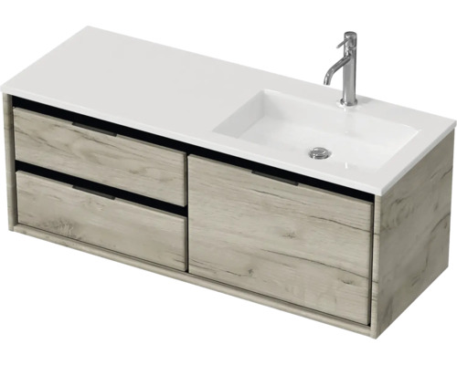 Ensemble de meubles de salle de bains Sanox Loft lxhxp 120,5 (60/60) x 47 x 45,5 cm couleur de façade craft oak 2 pièces avec lavabo en fonte minérale bac à droite