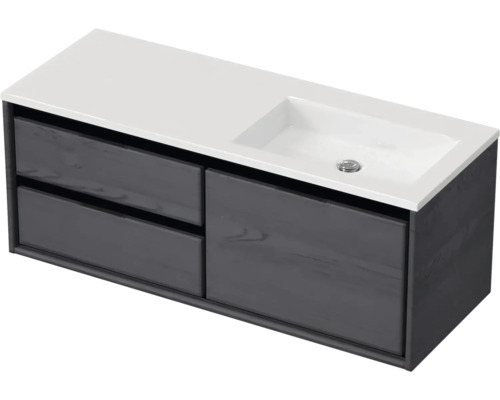 Ensemble de meubles de salle de bains Sanox Loft lxhxp 120,5 (60/60) x 47 x 45,5 cm couleur de façade black oak 2 pièces avec lavabo en fonte minérale bac à droite sans perçage de robinetterie