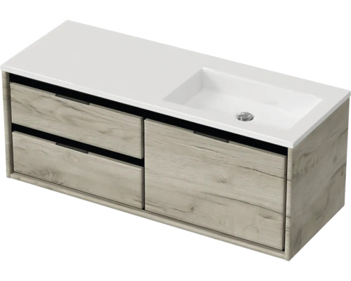 Ensemble de meubles de salle de bains Sanox Loft lxhxp 120,5 (60/60) x 47 x 45,5 cm couleur de façade craft oak 2 pièces avec lavabo en fonte minérale bac à droite sans perçage de robinetterie