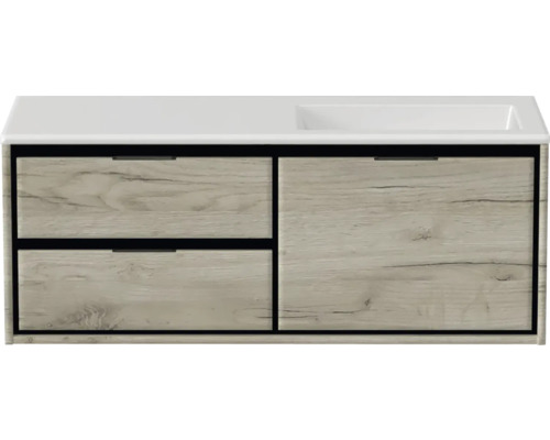 Meuble sous-lavabo avec deux tiroirs et une porte au design bois