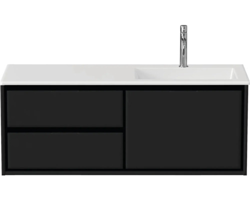 Meuble sous-lavabo avec deux tiroirs, une porte, lavabo et robinet