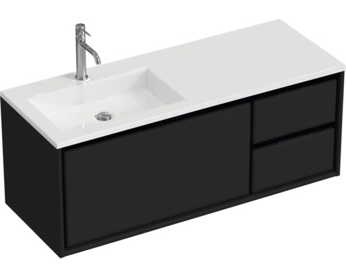 Badmöbel-Set Sanox Loft BxHxT 120,5 (85/35) x 47 x 45,5 cm Frontfarbe schwarz matt 2-teilig mit Waschtisch Mineralguss Becken links