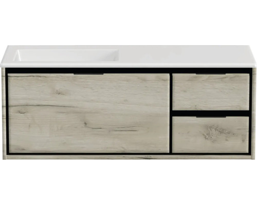 Badmöbel-Set Sanox Loft BxHxT 120,5 (85/35) x 47 x 45,5 cm Frontfarbe craft oak 2-teilig mit Waschtisch Mineralguss Becken links ohne Hahnloch