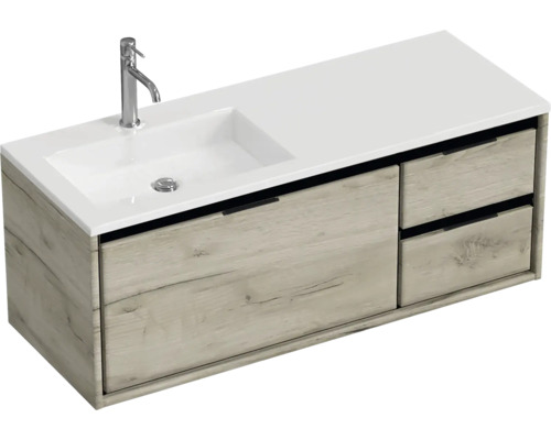 Ensemble de meubles de salle de bains Sanox Loft lxhxp 120,5 (85/35) x 47 x 45,5 cm couleur de façade craft oak 2 pièces avec lavabo en fonte minérale bac à gauche blanc mat