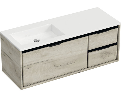 Ensemble de meubles de salle de bains Sanox Loft lxhxp 120,5 (85/35) x 47 x 45,5 cm couleur de façade craft oak 2 pièces avec lavabo en fonte minérale bac à gauche blanc mat sans perçage de robinetterie