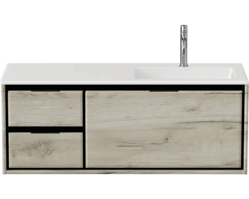 Ensemble de meubles de salle de bains Sanox Loft lxhxp 120,5 (35/85) x 47 x 45,5 cm couleur de façade craft oak 2 pièces avec lavabo en fonte minérale bac à droite
