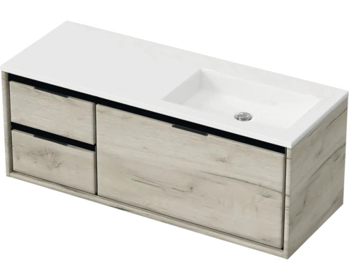 Ensemble de meubles de salle de bains Sanox Loft lxhxp 120,5 (35/85) x 47 x 45,5 cm couleur de façade craft oak 2 pièces avec lavabo en fonte minérale bac à droite sans perçage de robinetterie