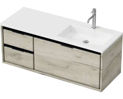 Ensemble de meubles de salle de bains Sanox Loft lxhxp 120,5 (35/85) x 47 x 45,5 cm couleur de façade craft oak 2 pièces avec lavabo en fonte minérale bac à droite blanc mat