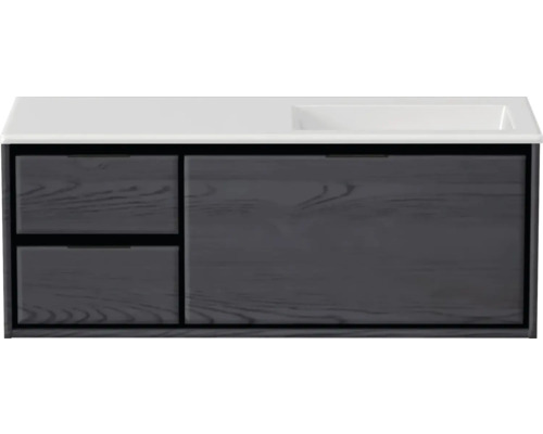 Ensemble de meubles de salle de bains Sanox Loft lxhxp 120,5 (35/85) x 47 x 45,5 cm couleur de façade black oak 2 pièces avec lavabo en fonte minérale bac à droite blanc mat sans perçage de robinetterie