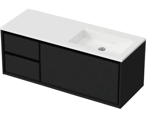 Ensemble de meubles de salle de bains Sanox Loft lxhxp 120,5 (35/85) x 47 x 45,5 cm couleur de façade noir mat 2 pièces avec lavabo en fonte minérale bac à droite blanc mat sans perçage de robinetterie