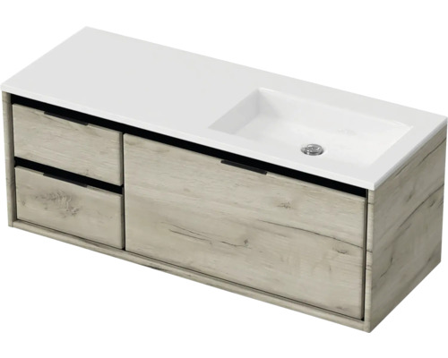 Ensemble de meubles de salle de bains Sanox Loft lxhxp 120,5 (35/85) x 47 x 45,5 cm couleur de façade craft oak 2 pièces avec lavabo en fonte minérale bac à droite blanc mat sans perçage de robinetterie