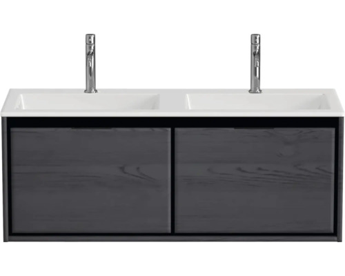 Ensemble de meubles de salle de bains Sanox Loft lxhxp 120,5 (60/60) x 47 x 45,5 cm couleur de façade black oak 2 pièces avec lavabo double en fonte minérale