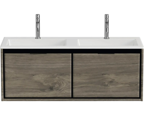 Meuble-lavabo avec deux vasques et meuble bas aspect bois