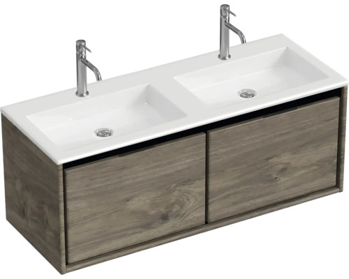 Ensemble de meubles de salle de bains Sanox Loft lxhxp 120,5 (60/60) x 47 x 45,5 cm couleur de façade expresso 2 pièces avec lavabo double en fonte minérale