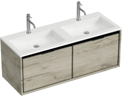 Meuble-lavabo avec deux lavabos et meuble bas avec deux tiroirs