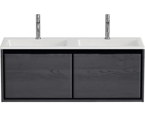 Ensemble de meubles de salle de bains Sanox Loft lxhxp 120,5 (60/60) x 47 x 45,5 cm couleur de façade black oak 2 pièces avec lavabo double en fonte minérale blanc mat