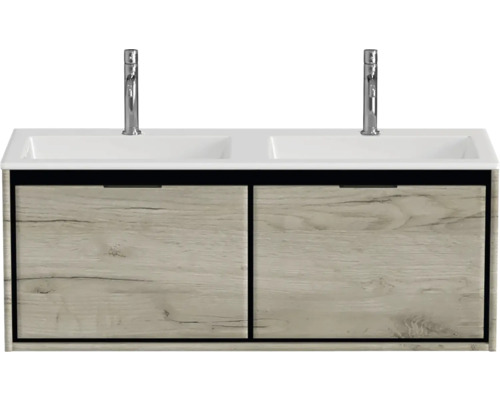 Meuble-lavabo avec deux vasques et meuble bas aspect bois