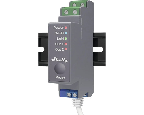 Shelly Logo auf grauem Hutschienen-Schaltgerät mit LEDs für Power, WLAN und LAN