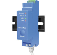 Shelly Logo auf einem Automatisierungsgerät mit Anzeige für Power, WLAN und LAN