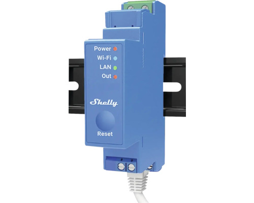Shelly Logo auf einem Automatisierungsgerät mit Anzeige für Power, WLAN und LAN