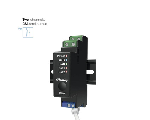 Interrupteur sur rail DIN Shelly Pro 2PM pour commander deux circuits électriques