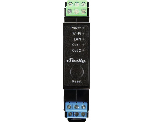 Logo Shelly avec indicateurs d''alimentation, Wi-Fi, LAN et Reset