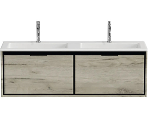 Meuble sous-lavabo avec deux lavabos et deux tiroirs aspect bois