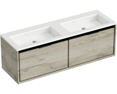 Double vasque avec meuble sous-vasque et deux tiroirs en design bois pour la salle de bains