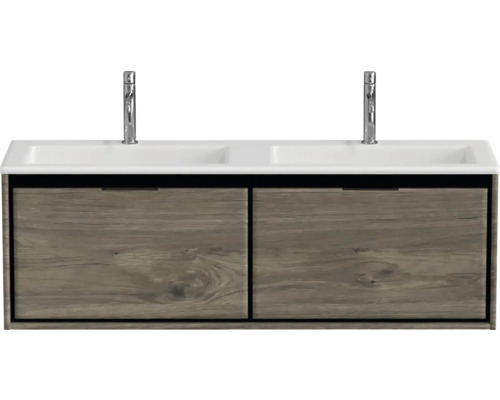 Meuble sous-lavabo avec deux lavabos et aspect bois