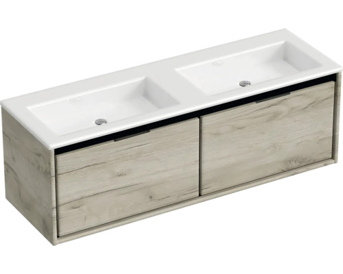 Meuble-lavabo double avec deux tiroirs en décor bois pour la salle de bain